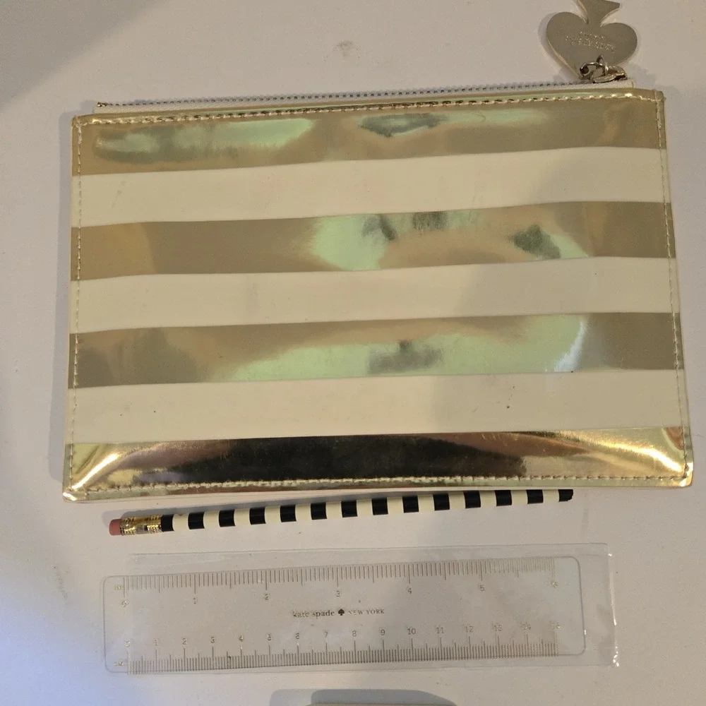 KATE SPADE Pencil Pouch W/ Accessories pencil, Eraser,Ruler, Sharpener Gold Tone